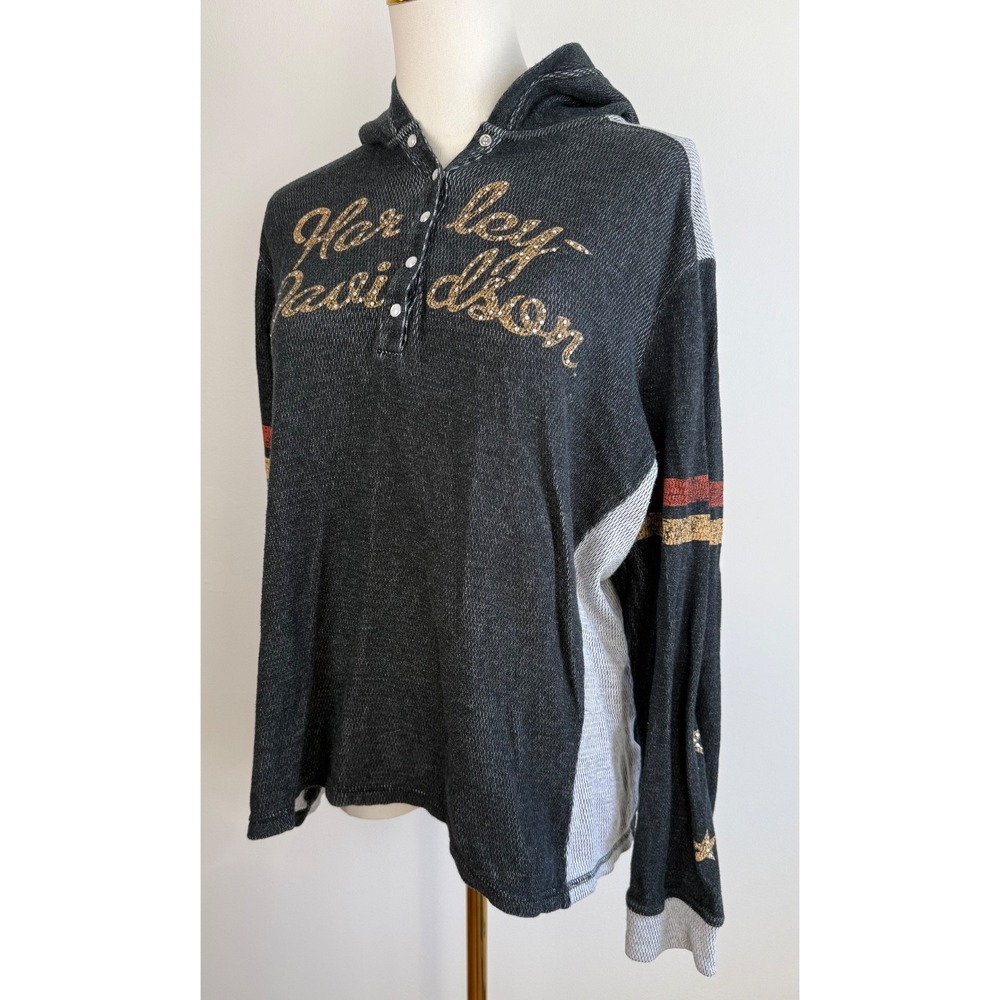 Harley-Davidson Black Hoodie with Gold Script and Red/Gold Sleeve Stripes